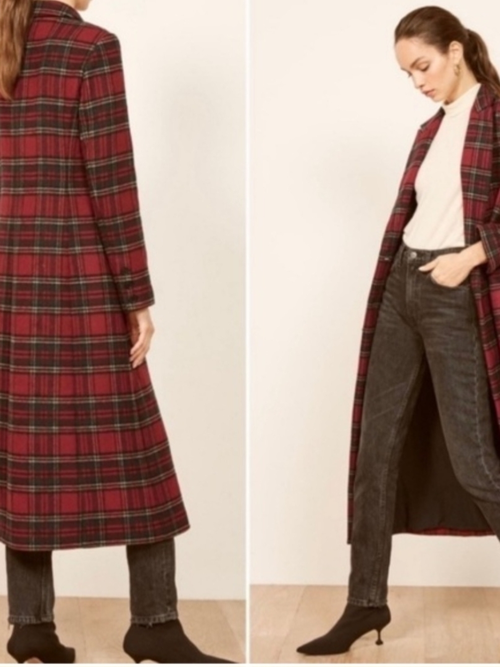 XS Reformation Long Red Plaid Coat